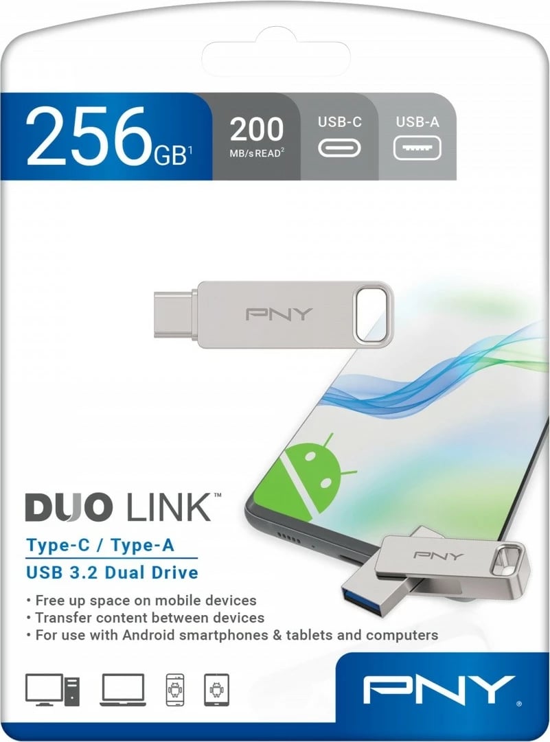 Pendrive PNY DUO LINK, 256GB, USB 3.2, Type-C/Type-A, Argjend