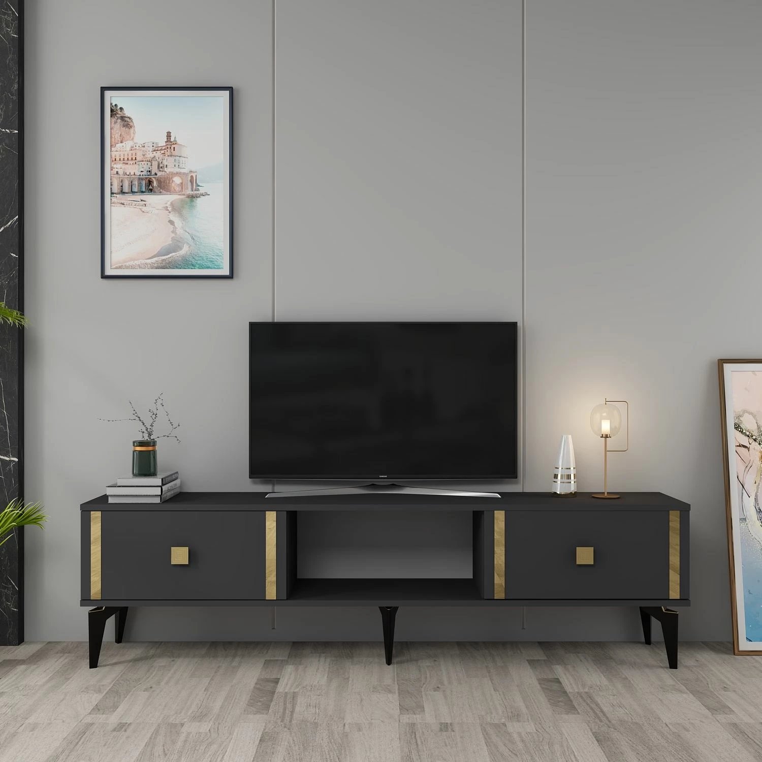 Komodë televizori, ngjyrë antracit dhe ari, Skye Decor, Doruk