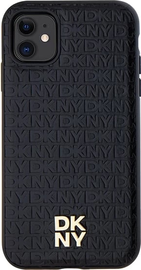 Mbështjellës DKNY Leather Monogram Pattern Metal Logo MagSafe për iPhone 11/XR, i zi