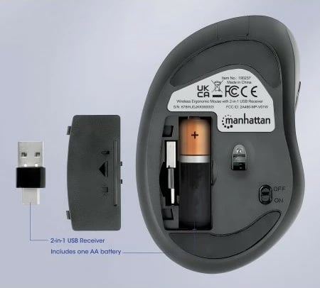 Maus wireless MANHATTAN ergonomik, 6 butona, USB-A/C, i zi
