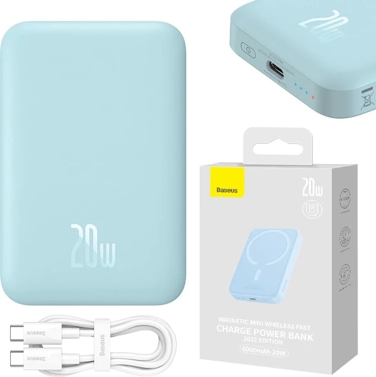 Powerbank Baseus Magnetic Mini 6000mAh, 20W, USB-C, MagSafe, kaltër