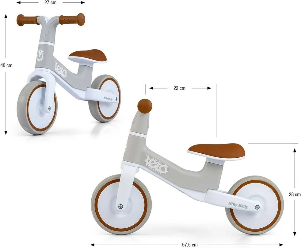 Biçikletë balancuese fëmijësh, Milly Mally Velo Kids, rrota 7" EVA, kornizë plastike e lehtë, 18+ muaj, kafe