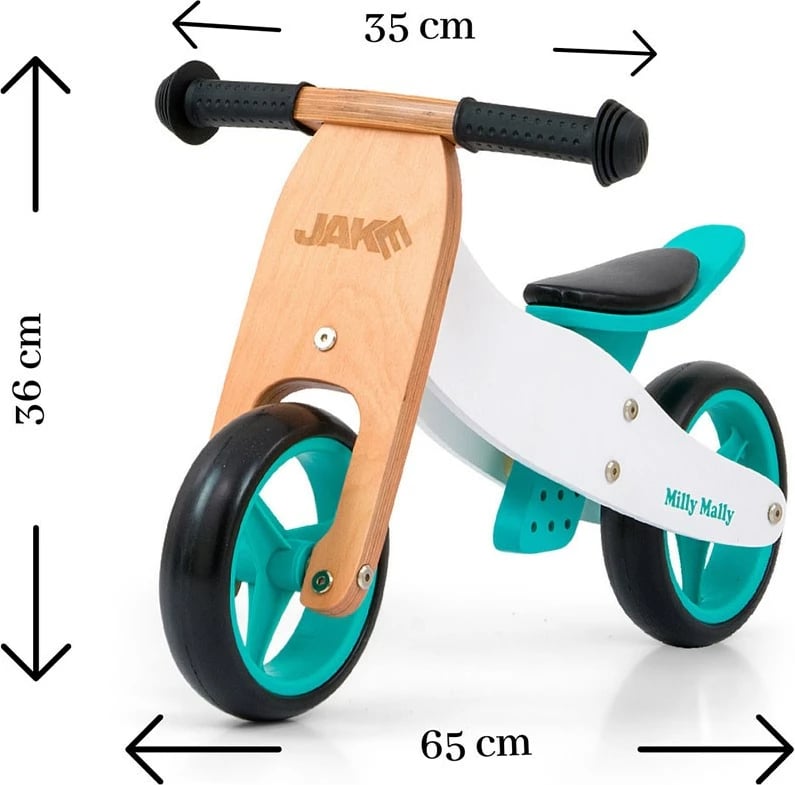 biçikletë balancuese/triçikletë druri 2‑në‑1, Milly Mally, JAKE Classic, rrota 7", ulëse e rregullueshme, 18–36 muaj, max 25 kg, mint