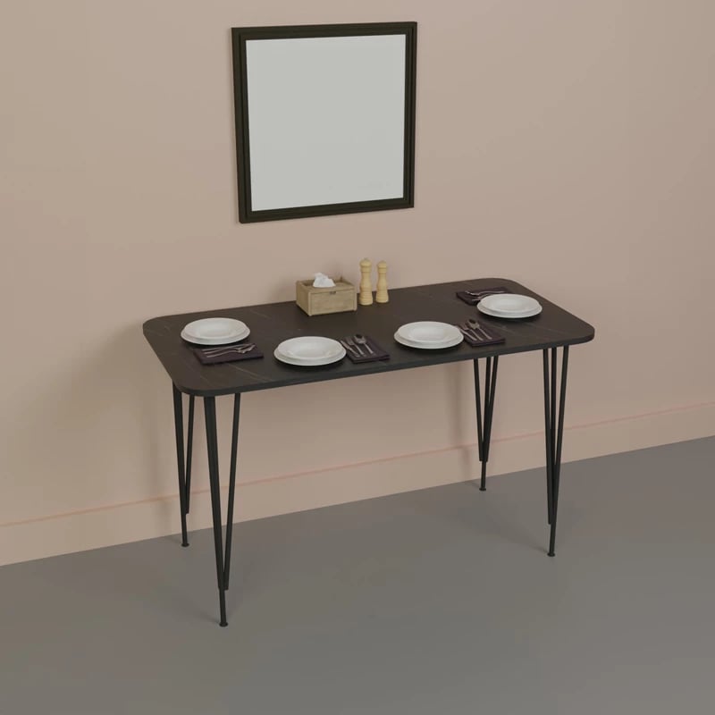 Tavolinë për ngrënie Palkon, ngjyrë mermeri të zi, melaminë-metal, 120x60x73cm