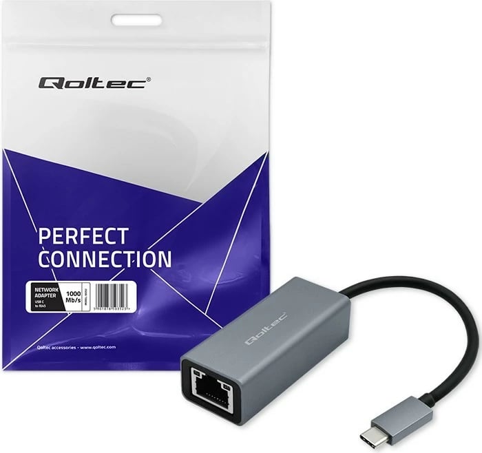 Adapter USB-C në RJ45 Qoltec 50352, 1000Mbps, kasë alumini, Gri