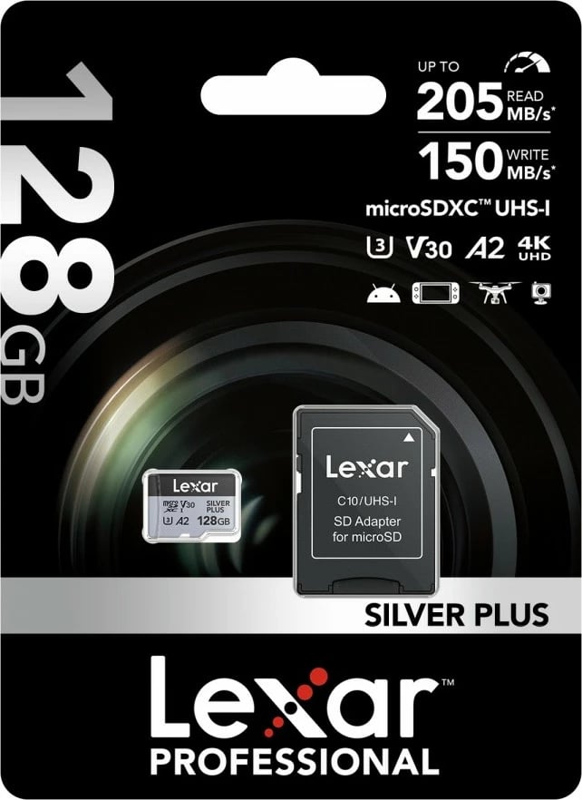 Kartë memorie microSD, Lexar, Silver Plus LMSSIPL128G-BNANG, 128GB UHS-I A2 U3 V30 205/150MB/s, me adaptues SD, argjendtë