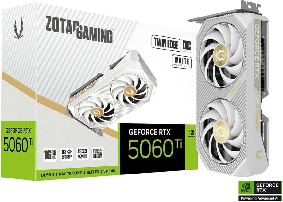 Kartë grafike, ZOTAC GeForce RTX 5060 Ti Twin Edge OC, 16GB GDDR7, 128-bit, PCIe 5.0 x8, e bardhë