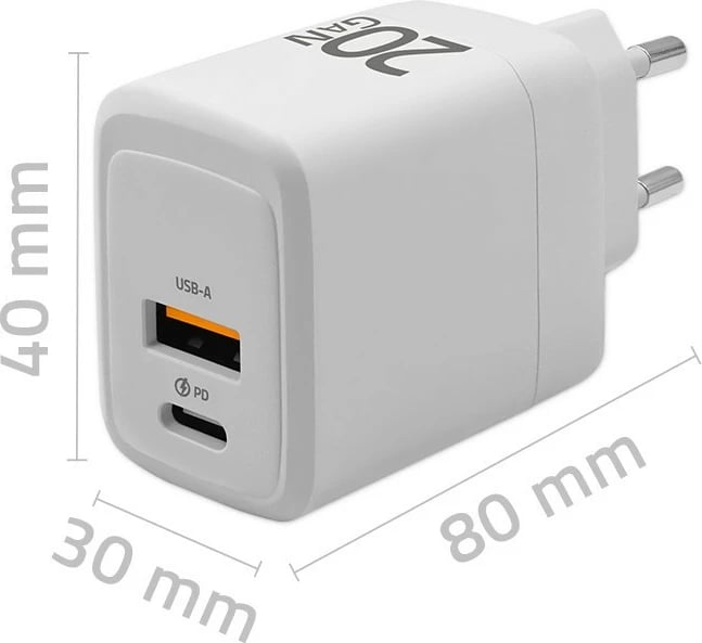 Karikues muri Qoltec 20W GaN, 1x USB-C PD, 1x USB QC 3.0, Bardhë