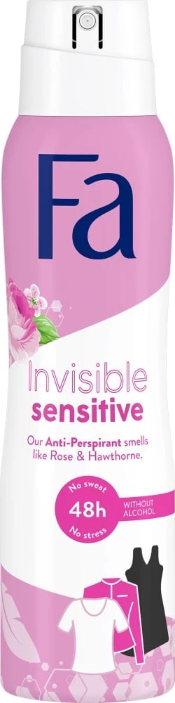 Deodorant spray Fa Invisible Sensitive 48h për femra me aromë trëndafili dhe dëllinje të zezë, 150ml
