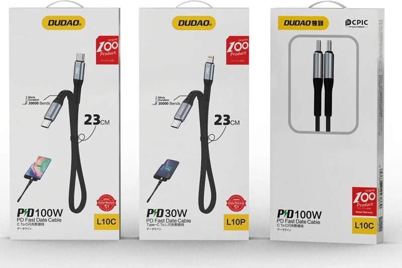 Kabllo USB-C në USB-C Dudao L10C, 0.23m, 100W, e zezë