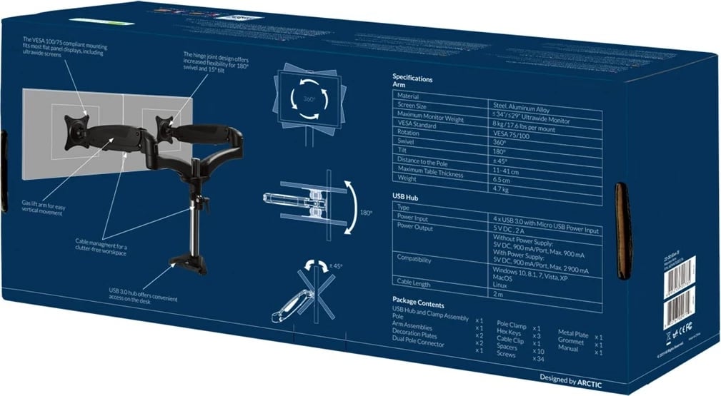 Mbajtës monitori ARCTIC Z2-3D Gen 3, për dy monitorë, Alumini