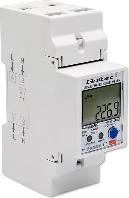 Matës energjie Qoltec 50882, njëfazësh, për DIN rail, Wi-Fi, TUYA, 230V, LCD