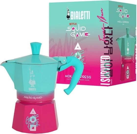 Moka pot Bialetti Moka Express Squid Game, 3 filxhanë, rozë/turkuaz