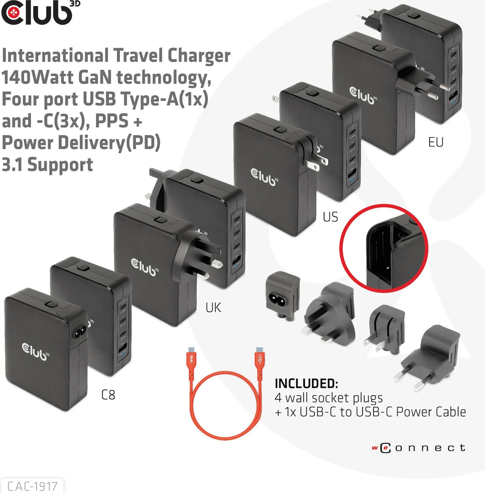 Karikues universal Club3D CAC-1917, 3x USB-C, 1x USB-A, 140W, GaN, i zi