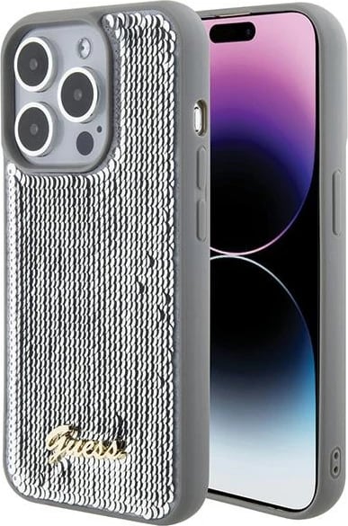 Mbështjellës Guess Sequin Script Metal për iPhone 15 Pro, argjendtë
