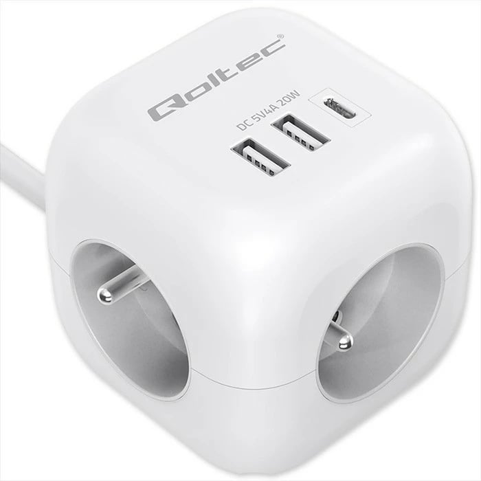 Kasë Qoltec 52547, 3x AC, 2x USB, 1x USB-C PD 20W, 2m, Bardhë
