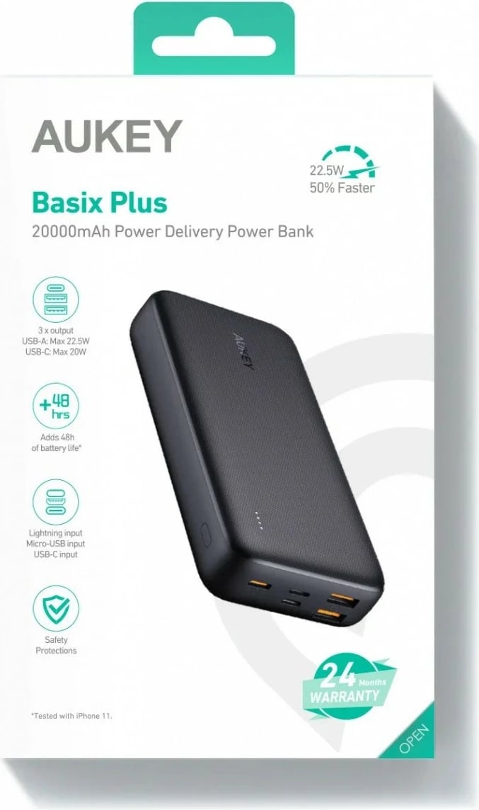 Power bank AUKEY PB-N74S Basix Plus, 20000 mAh, 5xUSB, Quick Charge 3.0, Power Delivery 3.0, 22.5W, LED, e zezë