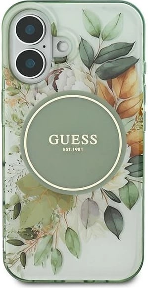 Mbështjellës Guess IML Flower & Tonal Circle MagSafe për iPhone 16 Plus, Gjelbër