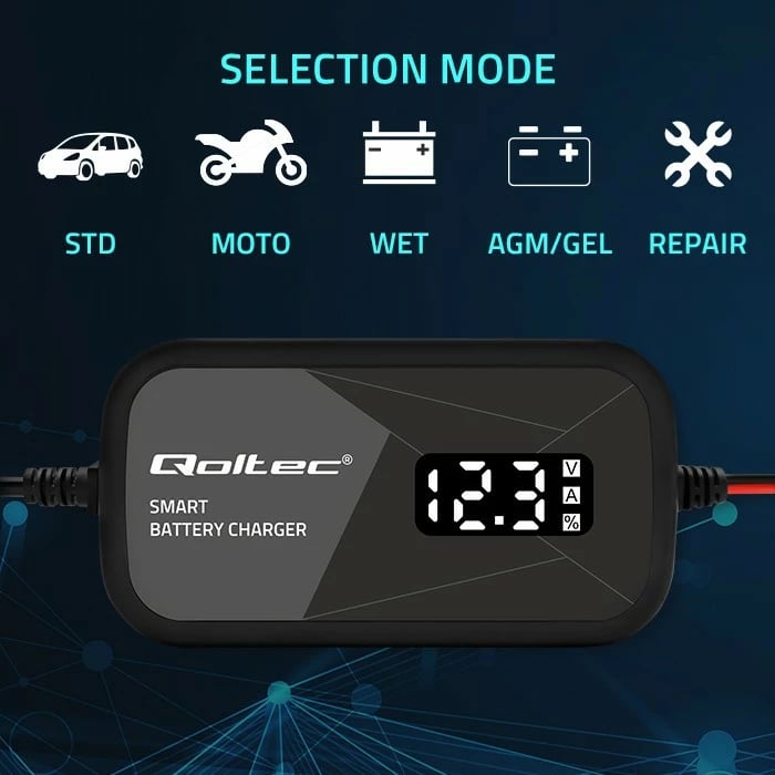 Karikues inteligjent mikroprocesorik Qoltec 52492, 12V, 2A, funksion rigjenerimi qelizash, LCD, i zi
