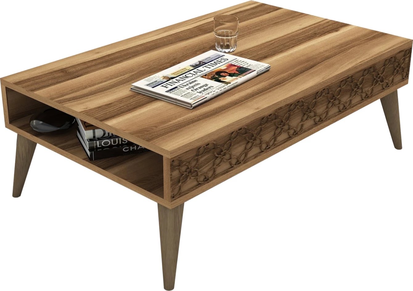 Tavolinë kafeje melamine, ngjyrë arre, me anë të gdhendura, FH9499.01, 105x60x36.6H cm Tavolinë kafeje melamine, ngjyrë arre, me anë të gdhendura, FH9499.01, 105x60x36.6H cm