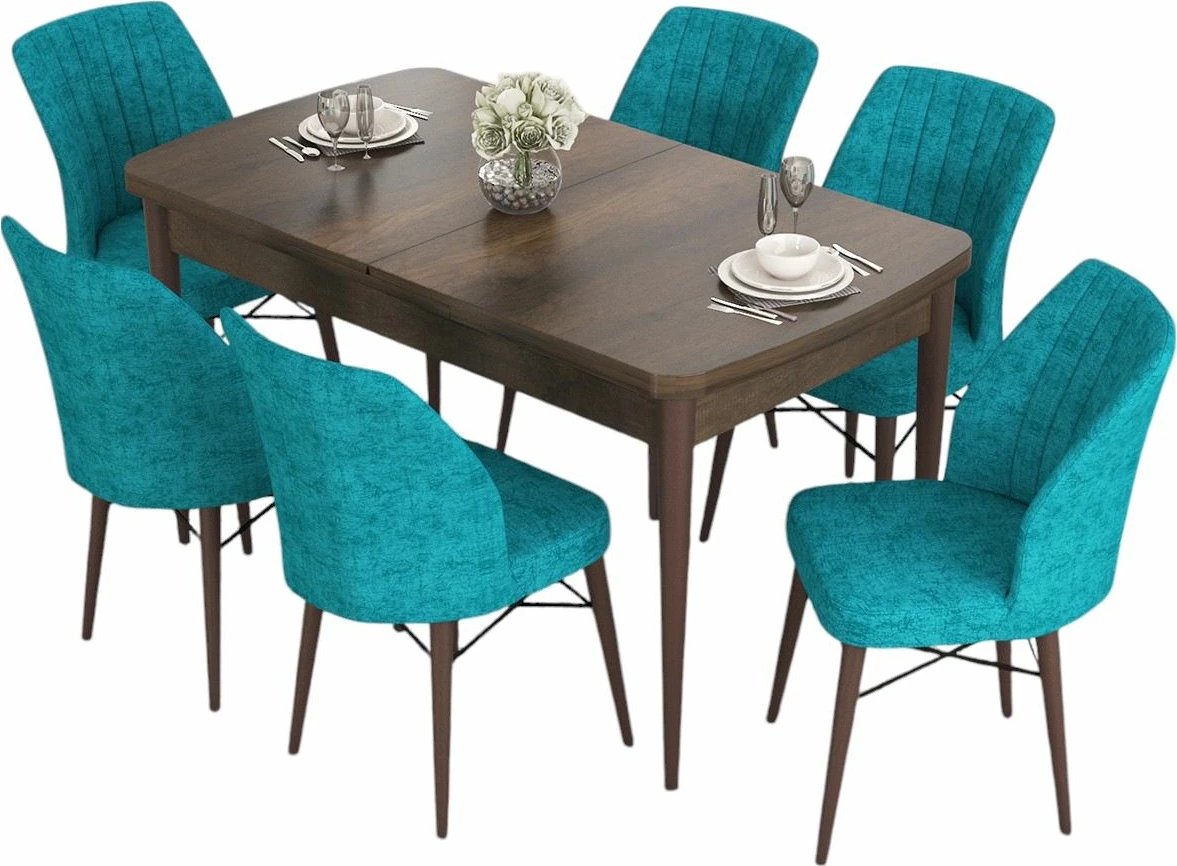 Tavolinë me karrige, zgjatshme, 7 copë, Skye Decor, Barok, ngjyrë turquoise