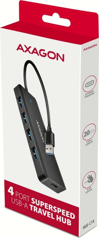 Kasë AXAGON HUE-C1A, 4 porta USB 5Gbps, USB-C Power IN, 19cm kabllo, E zezë