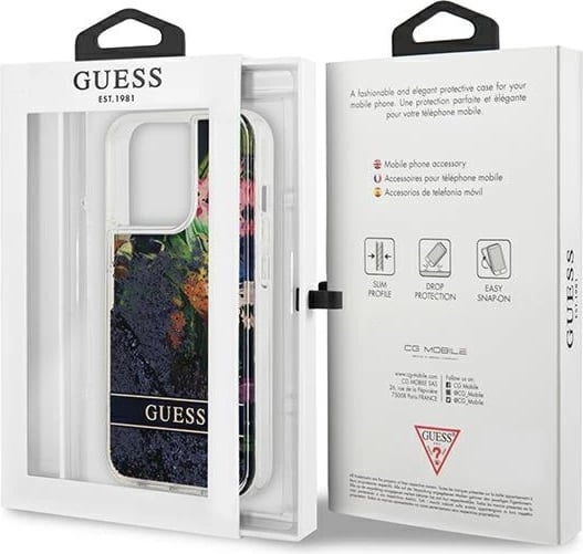 Mbështjellës Guess GUHCP13LLFLSB për iPhone 13/13 Pro 6.1", Flower Liquid Glitter, Blu