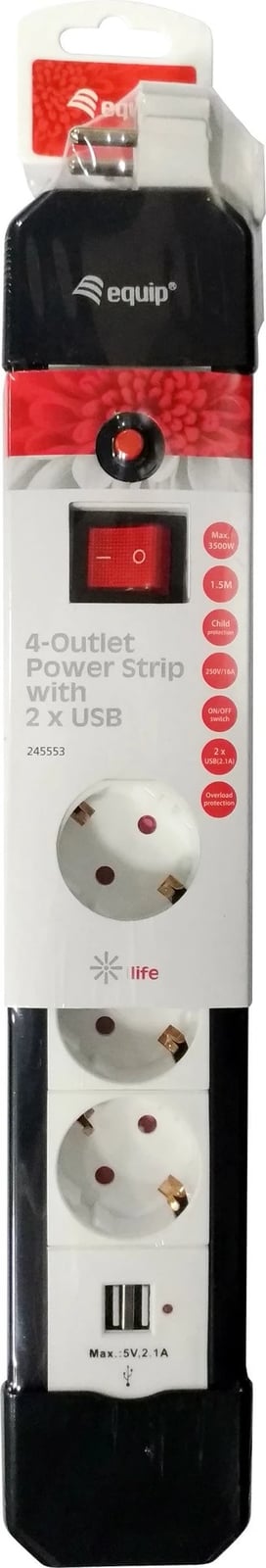 Shtrirëse rryme Equip 245553, 4 dalje, 2 USB, 1.5m, plastikë, zi/bardhë