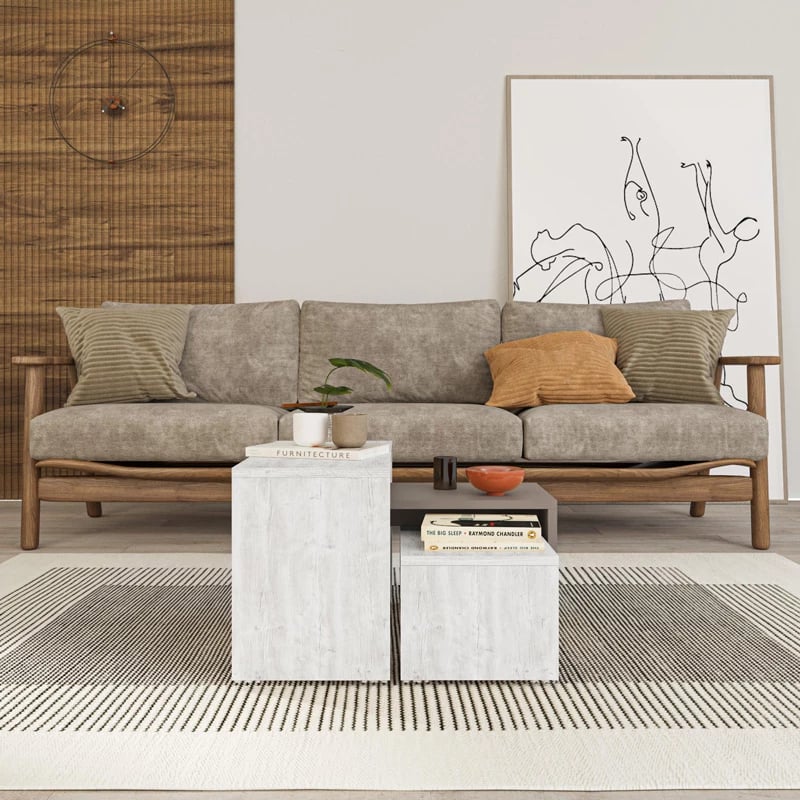 Set tavolinash kafeje Kantar, 3 copë, ngjyrë e bardhë antike - moka e çelët, 65x30x39cm