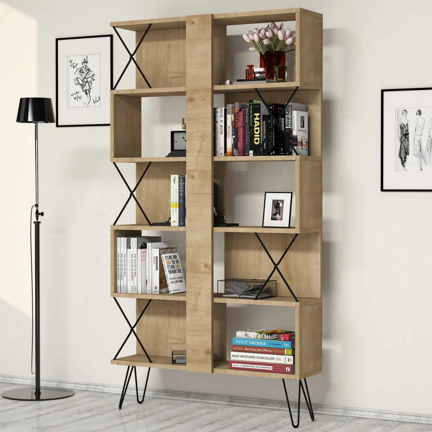 Raft librash melamine FH9496.01 ngjyrë lisi natyral-këmbë metalike të zeza 90x22x167.3H cm
