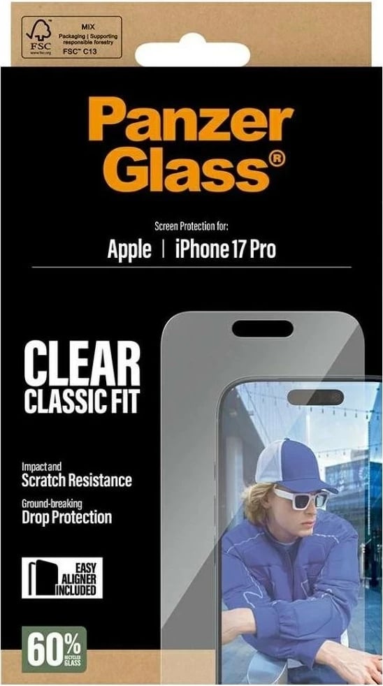 Mbështjellës xhami PanzerGlass Classic Fit EasyAligner për iPhone 17 Pro, transparent