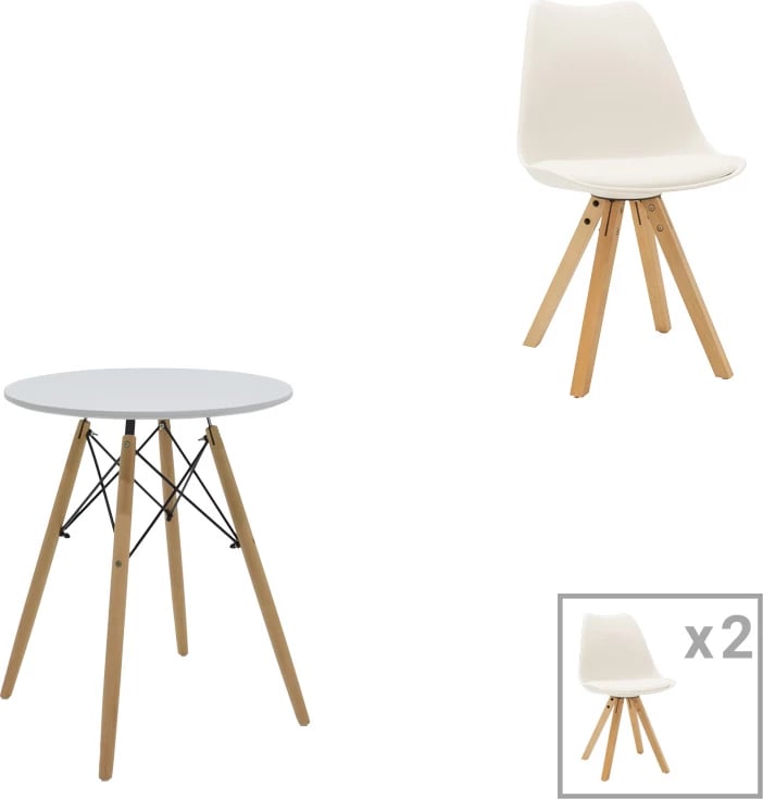 Set tavoline me 4 karrige Julita-Caron, MDF e bardhë, këmbë natyrale, Φ60x73cm