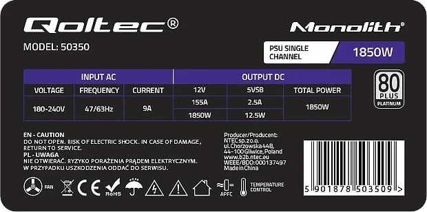 Furnizues i Energjisë Qoltec 50350, 1850W PCI-E, 80 Plus Platinum për Gaming Miner, Gri