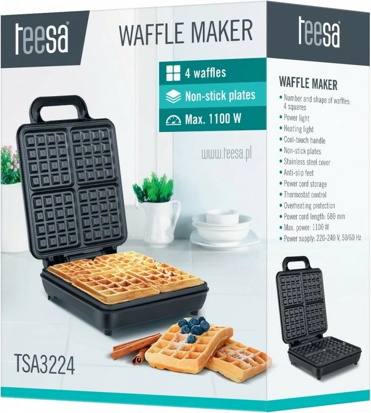 Aparat për waffle TEESA TSA3224, 1100W, 4 copa, Teflon, zi/inox