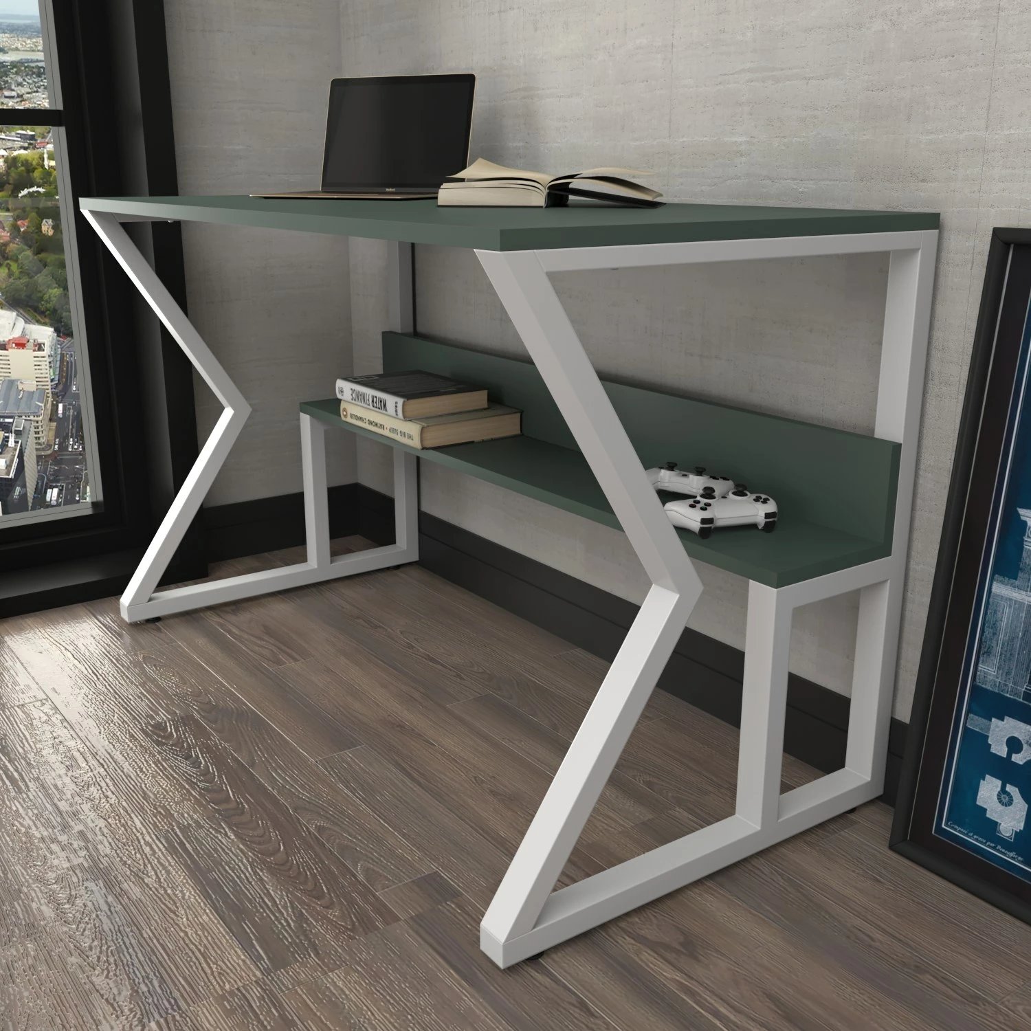 Tavolinë pune për studime, Skye Decor, ngjyrë e gjelbër dhe e bardhë