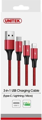 Kabllo karikimi 3-në-1 Unitek C4049RD, 1.2m, USB-C/microUSB/Lightning, Kuqe/Zi