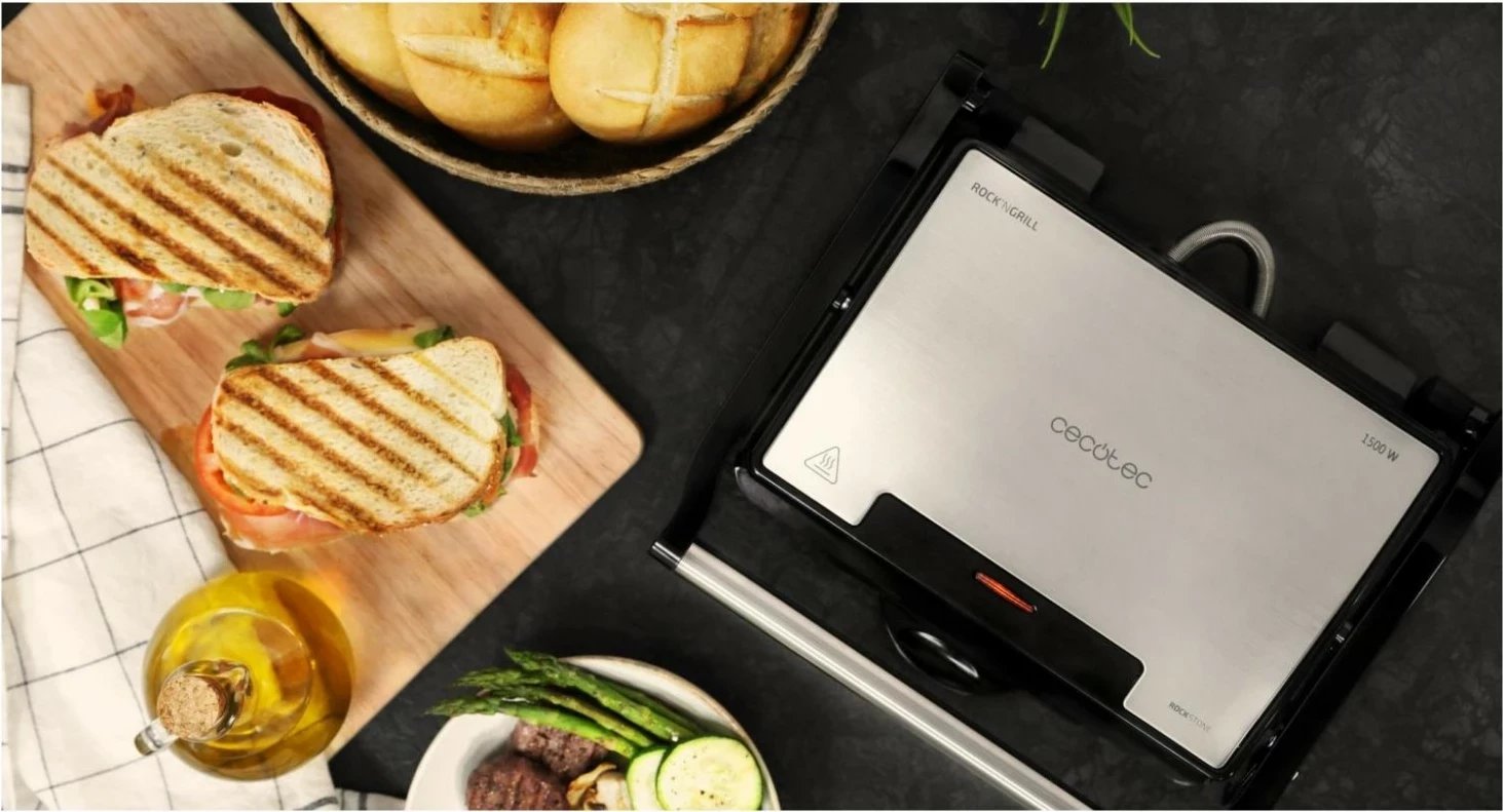 Grill kontakti Cecotec Rock'nGrill 1500 Rapid, 1500W, pllakë me shtresë guri, argjendtë