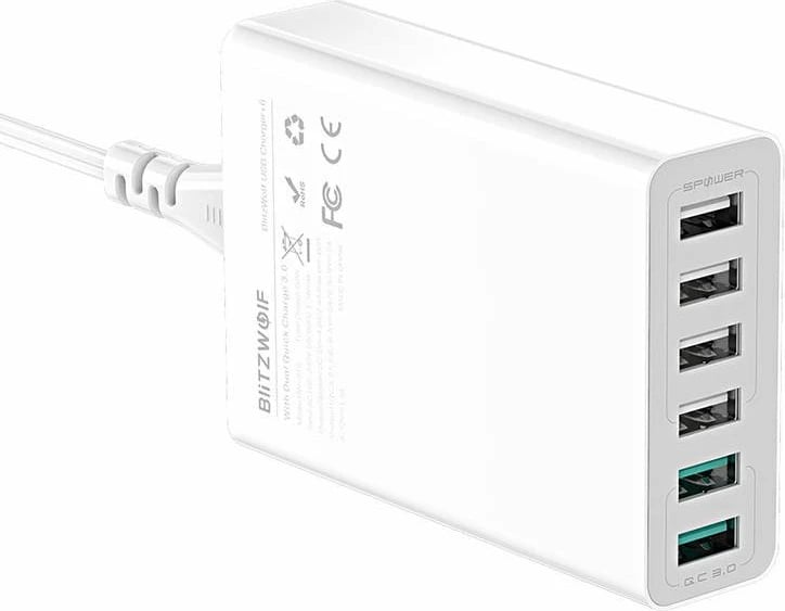Karikues BlitzWolf BW-S15, 6x USB, QC 3.0, 60 W, i bardhë