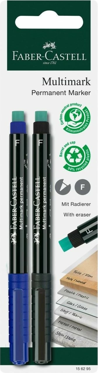 Marker universal Faber-Castell Multimark, 2 copë, majë fine, me gomë, multingjyrësh