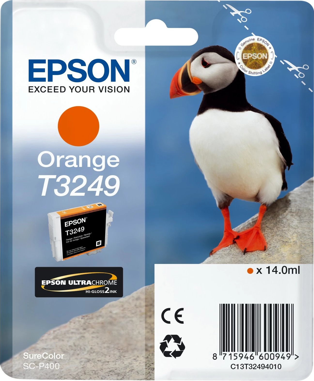 Toner Epson T3249, Orange, pigment, 14ml, për SureColor SC-P400