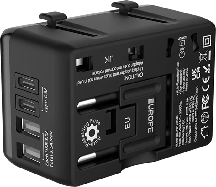 Adapter udhëtimi BlitzWolf BW-TA1, 4-në-1, 2xUSB + USB-C + PD 20W, i zi
