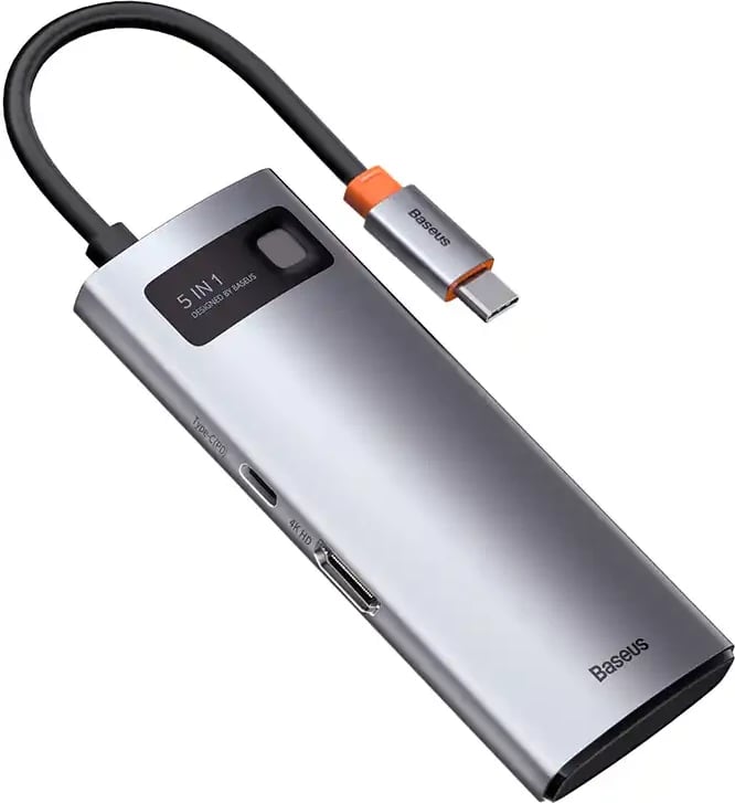 Adapter Baseus 5-në-1, WKWG020013, USB-C në 3x USB 3.0 + HDMI + USB-C PD, Gri