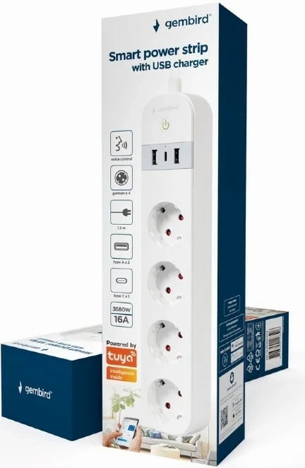 Shirit elektrik i mençur Gembird TSL-PS-S4U-01-W, 4 dalje AC, 1.5 m, 3880 W, Bardhë
