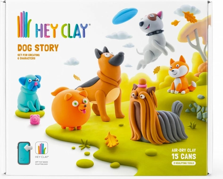 Set plastelinë, Tm Toys Hey Clay Dog Story HCL15024CEE, 15 kana, 11 ngjyra, me mjete dhe kod aplikacioni