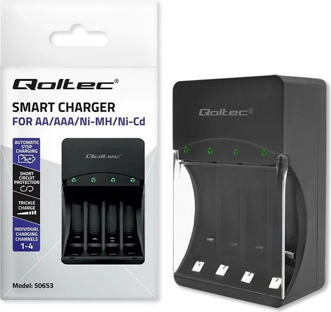 Karikues baterish Qoltec 50653, Ni-MH/Ni-Cd, AA/AAA, 300mA, i zi