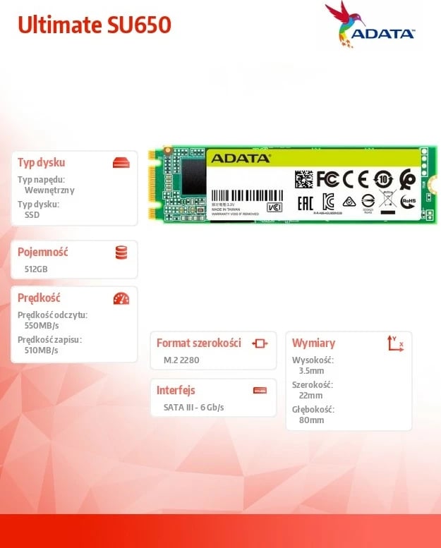 SSD Adata Ultimate SU650, 512GB, M.2 2280, SATA III
