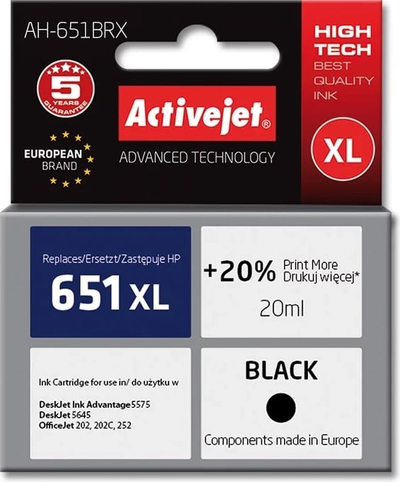 Ngjyrë zëvendësuese Activejet AH-651BRX për printer HP, 20ml, e zezë