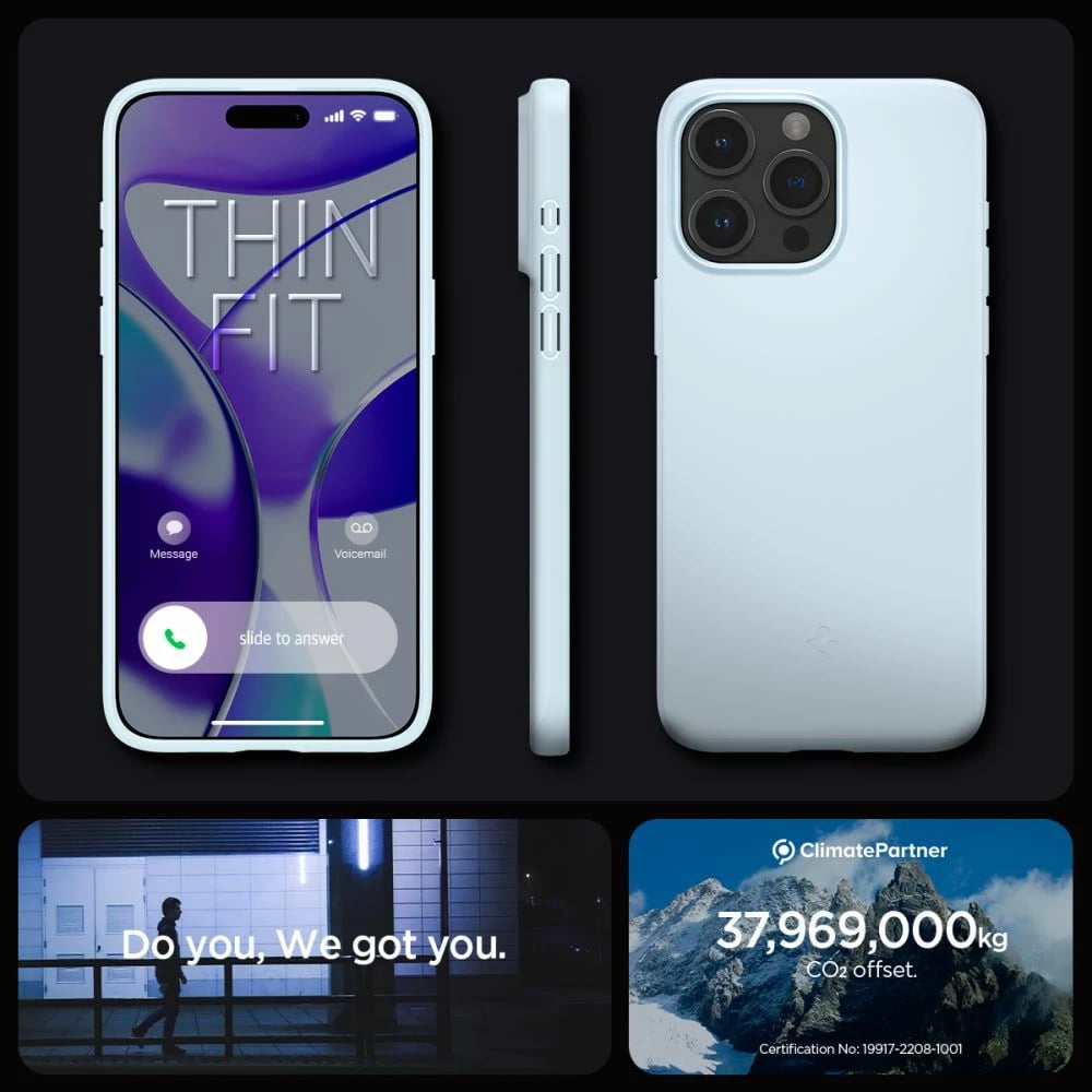 Mbështjellës Spigen Thin Fit për iPhone 15 Pro Max, kaltër e çelët