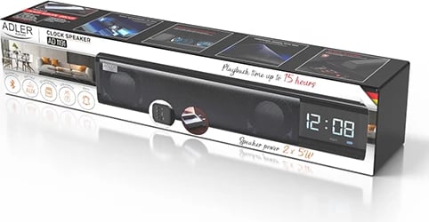 Altoparlant me orë zgjimi, Adler AD 1191, Bluetooth 5.0, stereo 2x5W, SD/USB/AUX, bateri 1200 mAh, i zi