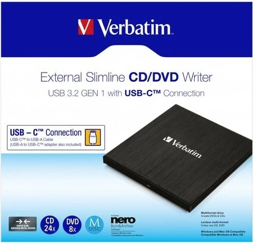 CD/DVD RW i jashtëm Verbatim Slim Burner 43886, USB-C 3.2, i zi